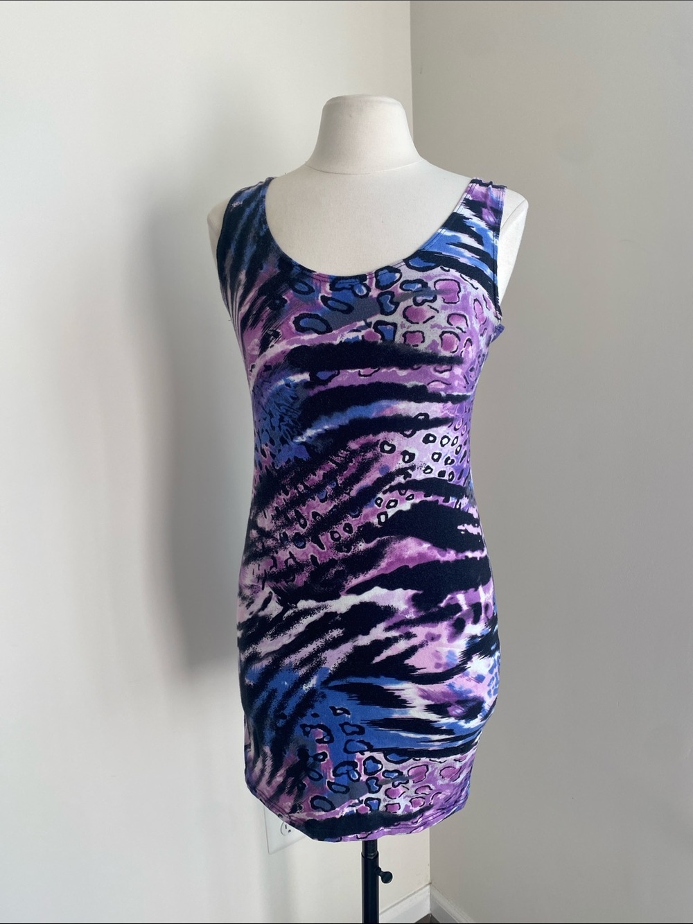 Purple & Blue Animal Print Stretch Tank Dress Womens Sz Large
